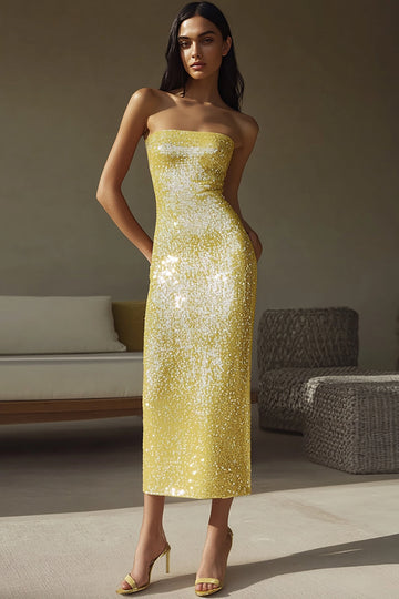 Sparkly Yellow Strapless Sheath Sequin Long Formal Dress
